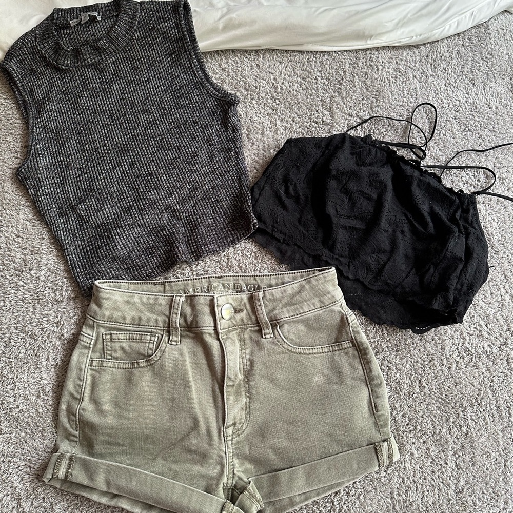 American Eagle grey Jean shorts 00. Aerie bralette S. Charlotte Russe crop top